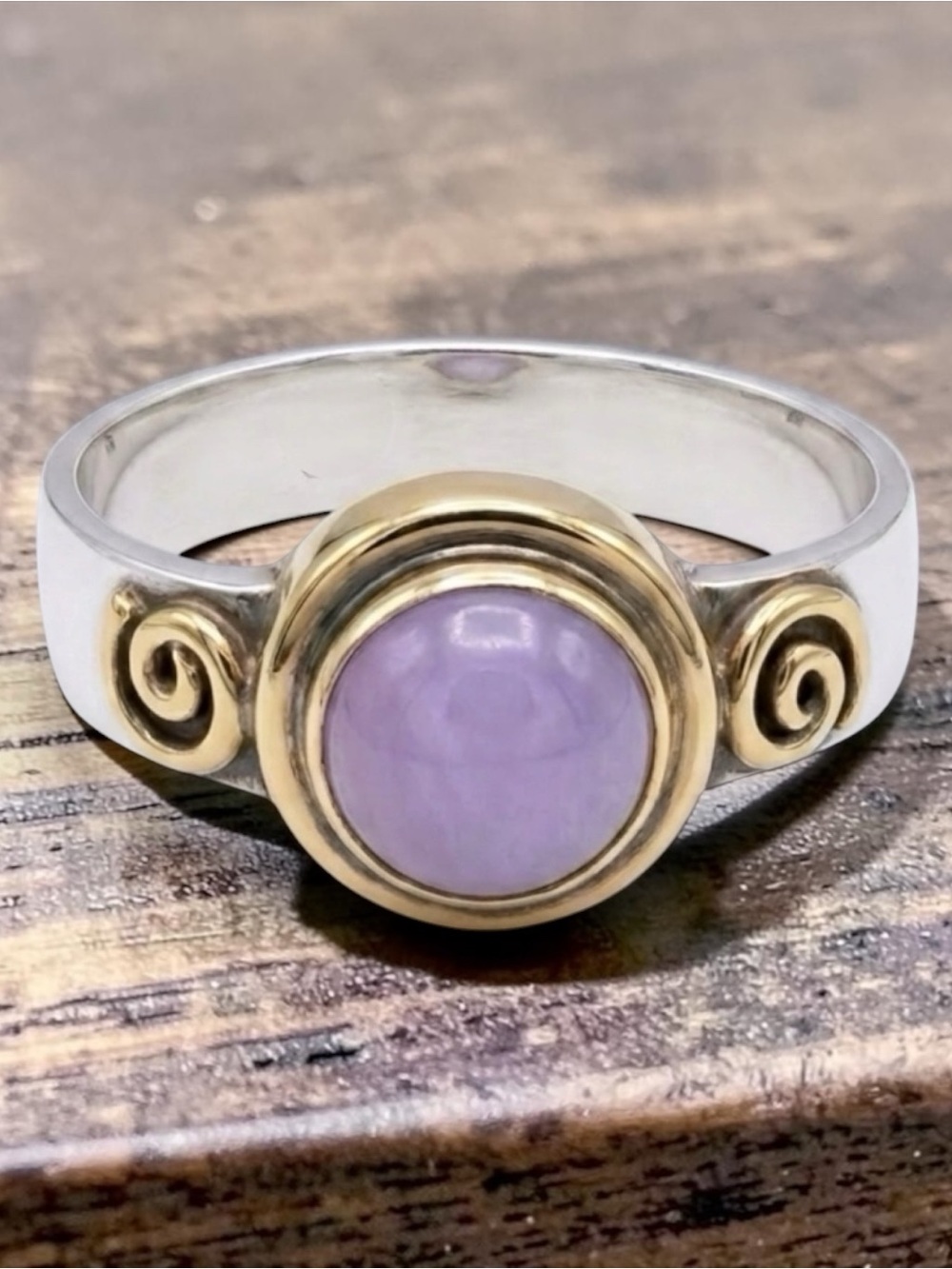 Sterling Silver Ring With Gold-Plated Accents, Lavender Cabochon, Scroll Design